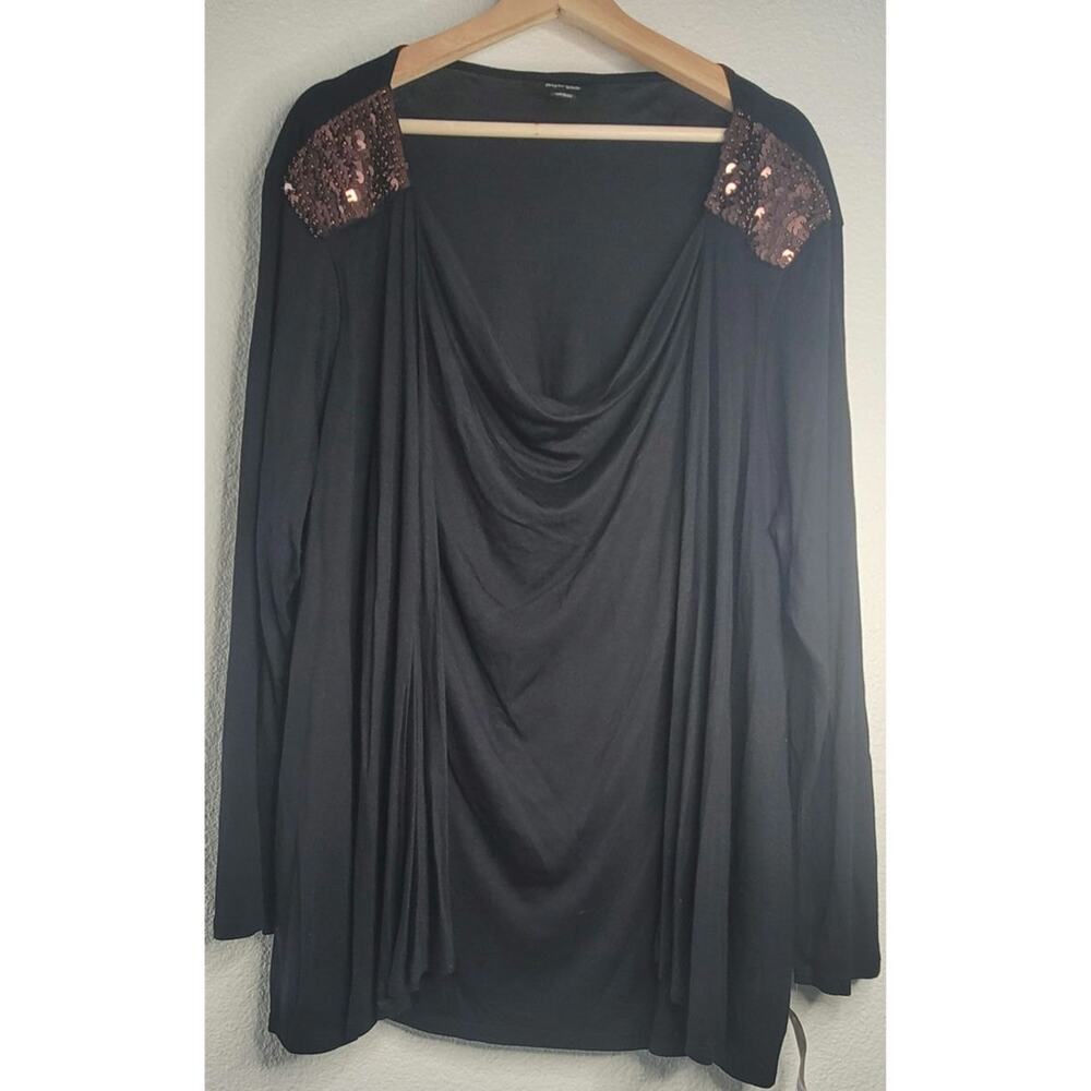 Style & Co. Black Tunic Top Draped Front Metallic Sequin Shoulder Detail Size 3X